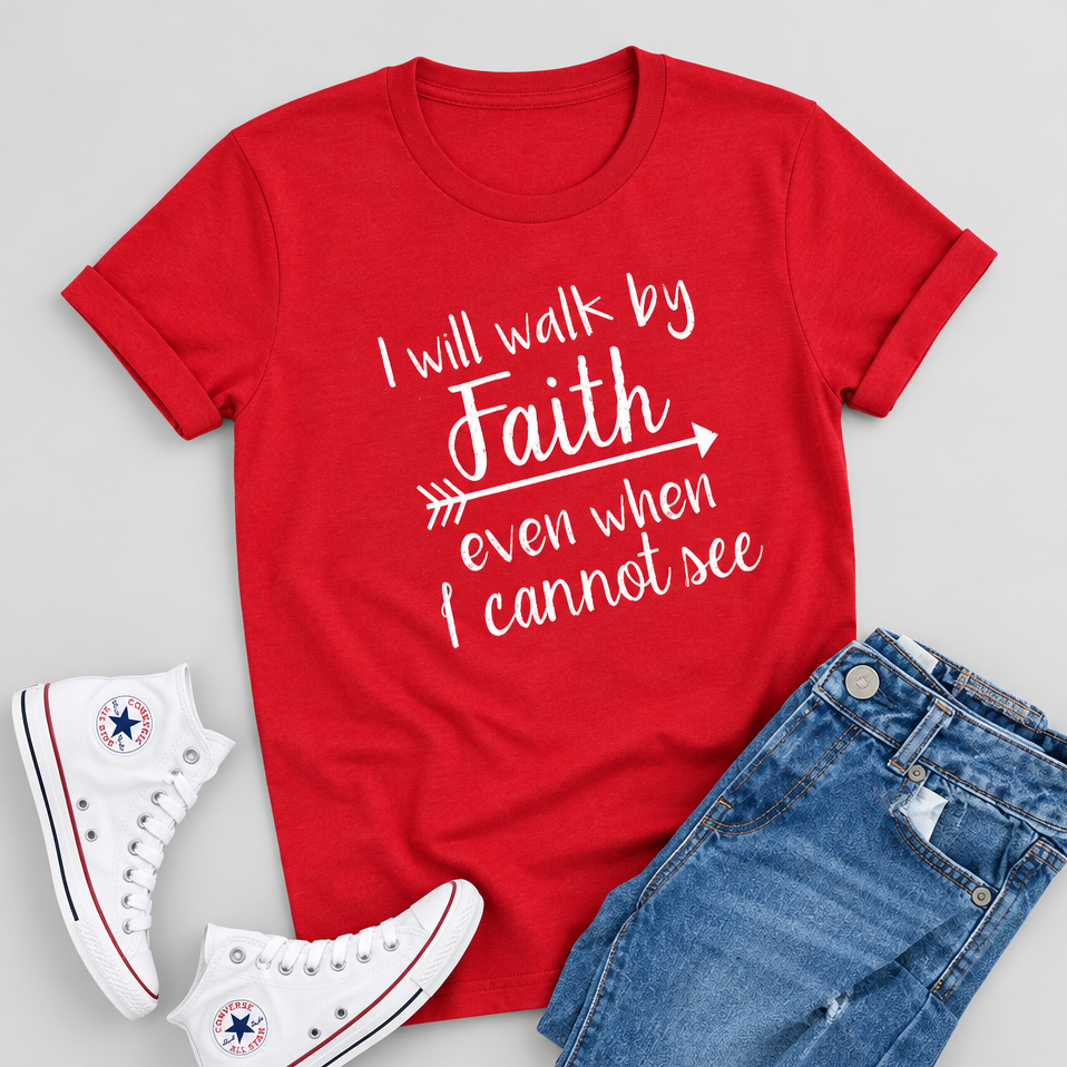 Women’s Walk By Faith Graphic Tee in Olive – Faith Quote and Arrow Graphic, Short Sleeves, Sizes S–2XL | The Pretty Pistol