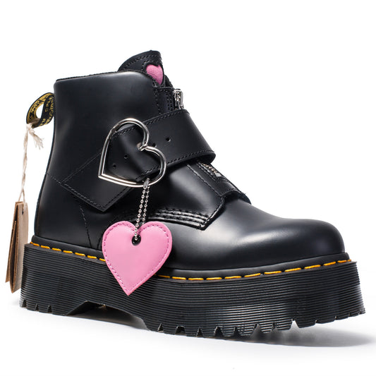 Heart Buckle Black Leather Combat Boots for Women