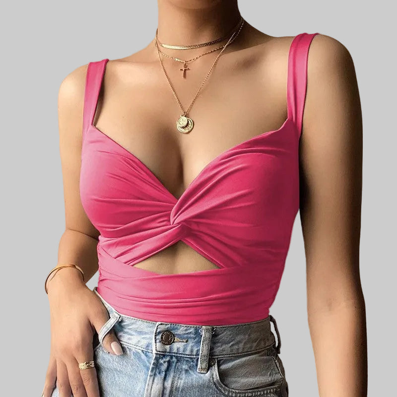 Women’s Twist-Front Cutout Tank in Hot Pink – V Neck, Twisted Front, Cropped Fit, Sizes S–XL | The Pretty Pistol