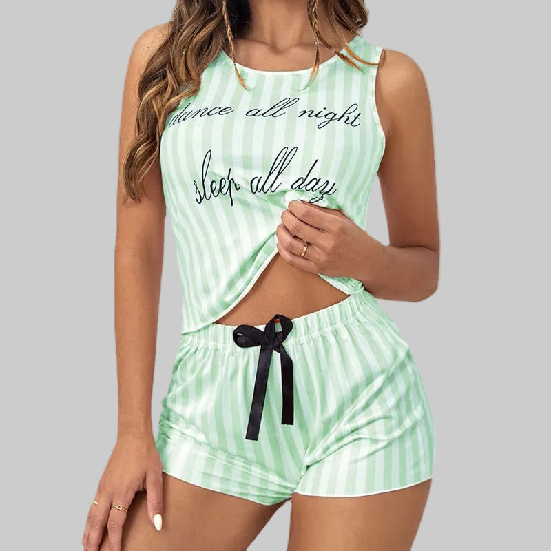 Women’s Dance All Night PJ Set in Light Green – Striped Tank and Shorts, Black Waist Bow, Sizes S–3XL | The Pretty Pistol