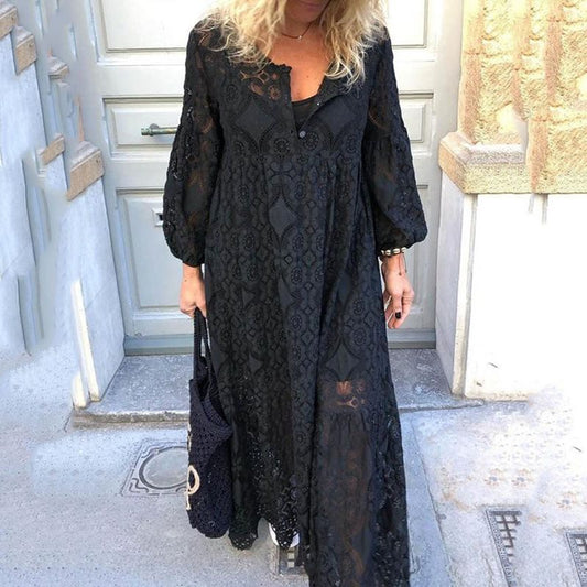 Lace-Trimmed Plus Size Long Sleeve Dress