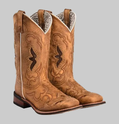 Studded Retro Western Cowgirl Boots Brown - Embroidered Scrollwork Star Stud Accent Square Toe Stacked Heel PU Leather Sizes 5-13 | The Pretty Pistol