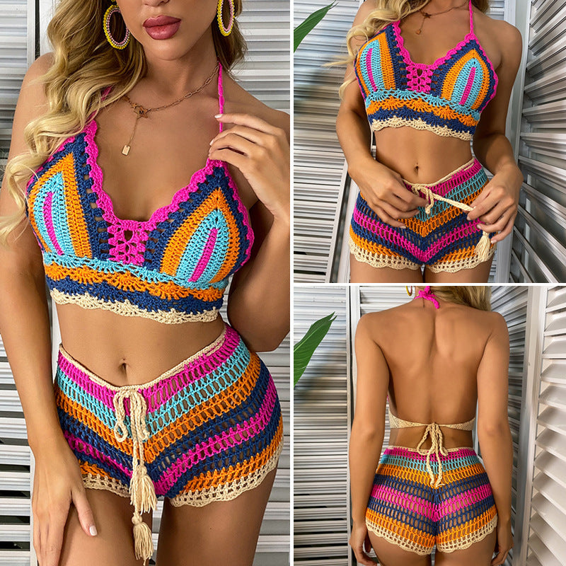 Colorful Striped Women's Bikini Cover Set with Modesty Design