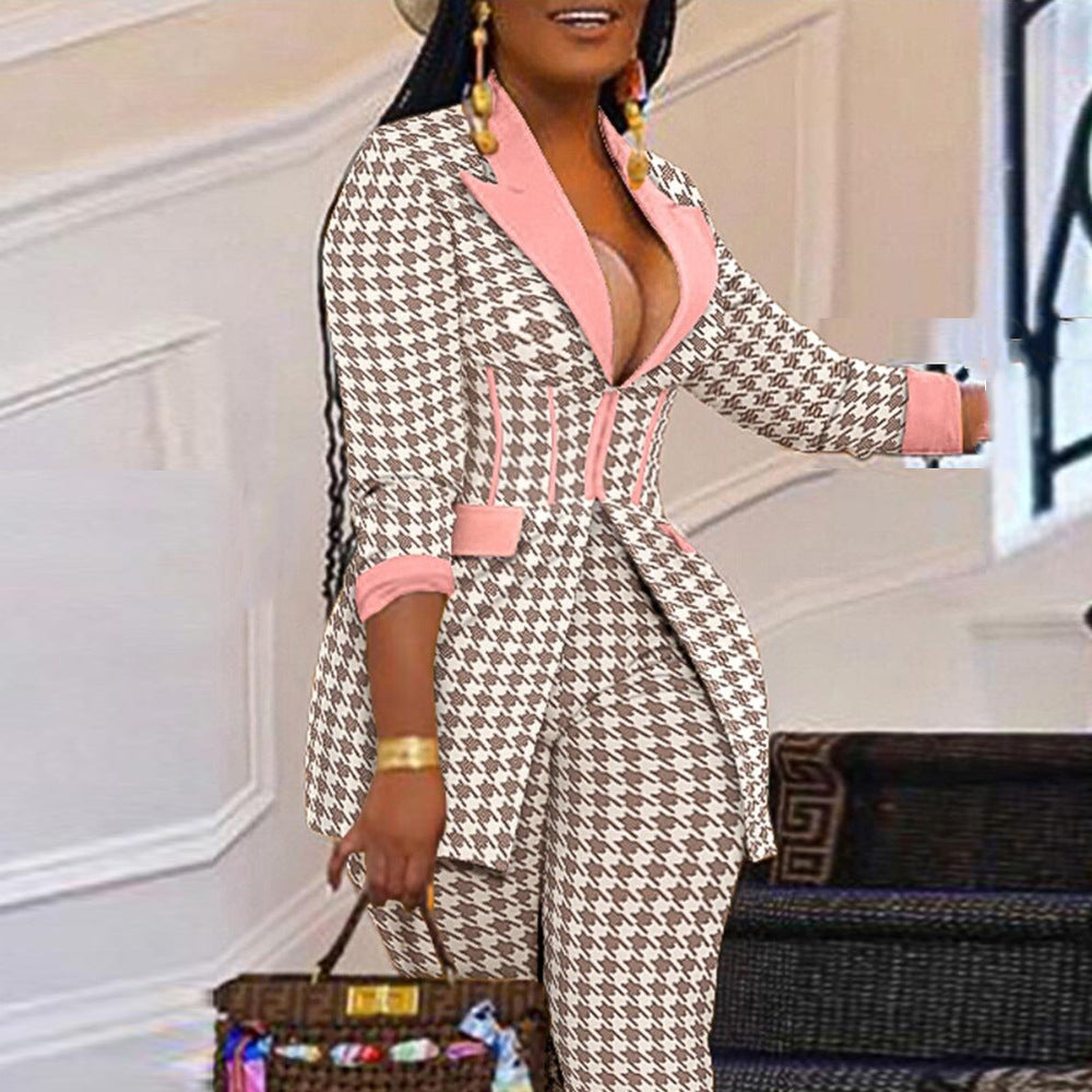 Chic Plus Size Houndstooth Suit Set