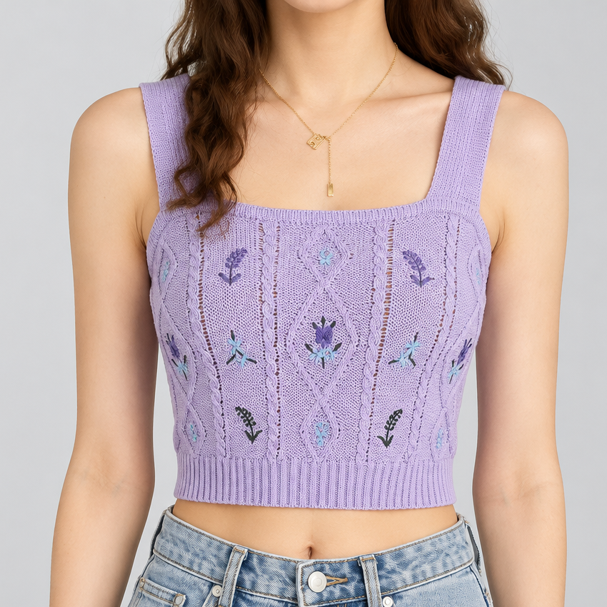 Women’s Floral Cable-Knit Tank in Purple – Embroidered Flowers, Square Neckline, Cropped Hem, One Size | The Pretty Pistol