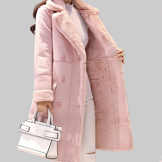 Women's Faux Shearling Lined Long Coat in Pink and Gray – Double-Breasted Suede-Look Winter Coat with Notched Lapel S-2XL | The Pretty Pistol
