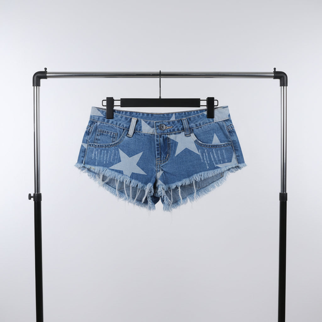 Medium wash denim shorts with large tonal bleached star print, mid-rise fit, and dramatic raw fringe hem | The Pretty Pistol