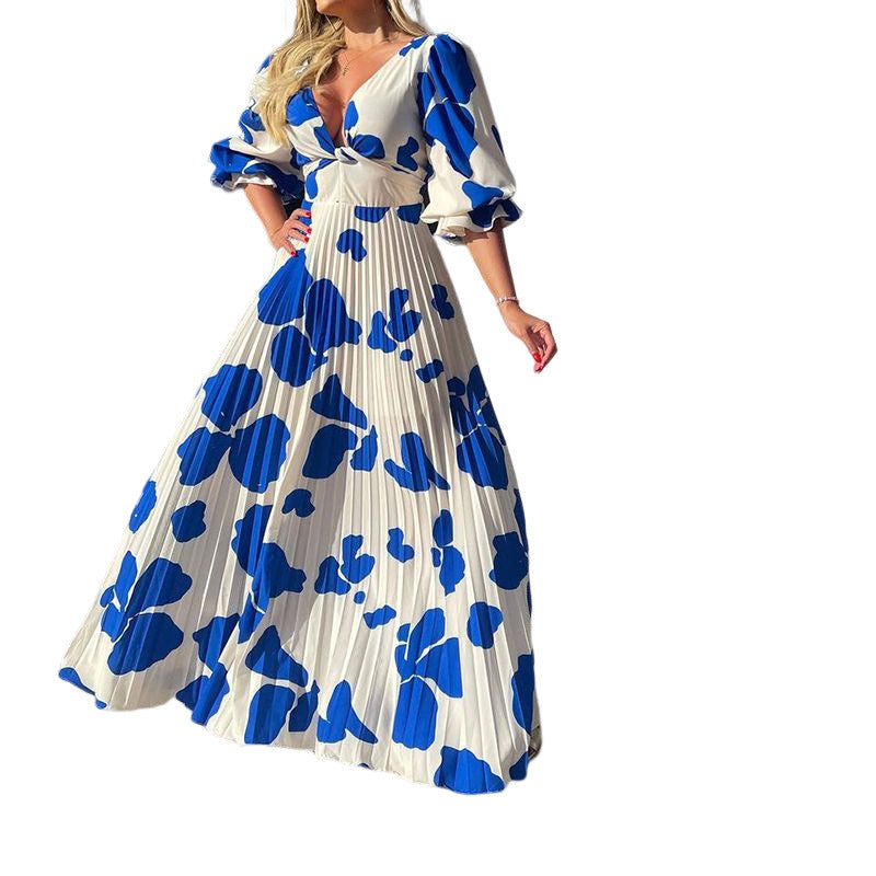 Blue Abstract Print Pleated Maxi Dress Full Skirt Lifestyle View Sizes S-XL | The Pretty Pistol
