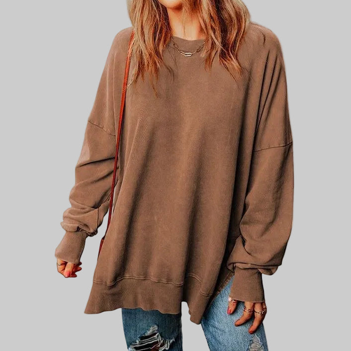 Women's Oversized Crewneck Pullover Sweatshirt with Side Slits in Brown – S-2XL | The Pretty Pistol