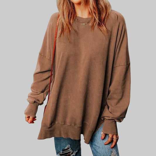 Women's Oversized Crewneck Pullover Sweatshirt with Side Slits in Brown – S-2XL | The Pretty Pistol