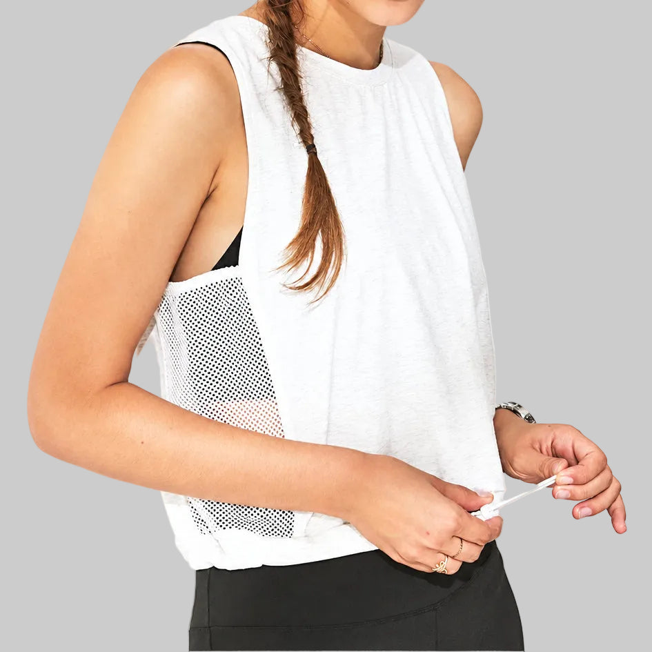 Women’s Open-Back Mesh Workout Tank in White – Sleeveless, Mesh Side Panels, Drawstring Hem, Sizes S–L | The Pretty Pistol