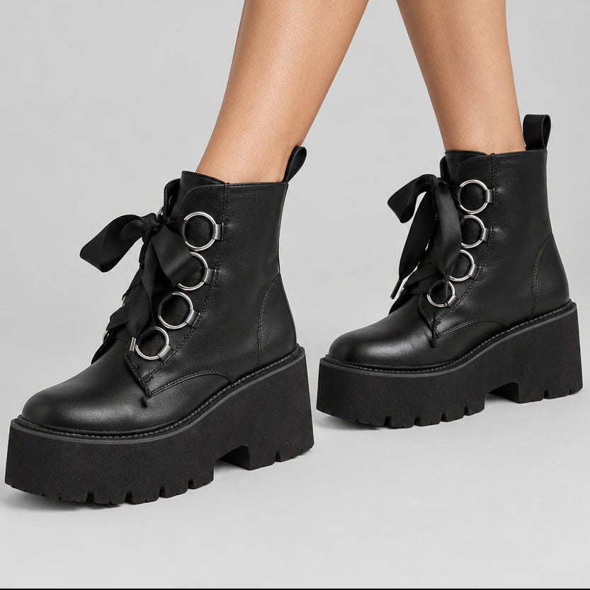 Women’s Ribbon-Lace Platform Ankle Boots in Black – Ribbon Bows, Silver-Tone Ring Eyelets, Chunky Lug Soles and Side Zips | The Pretty Pistol