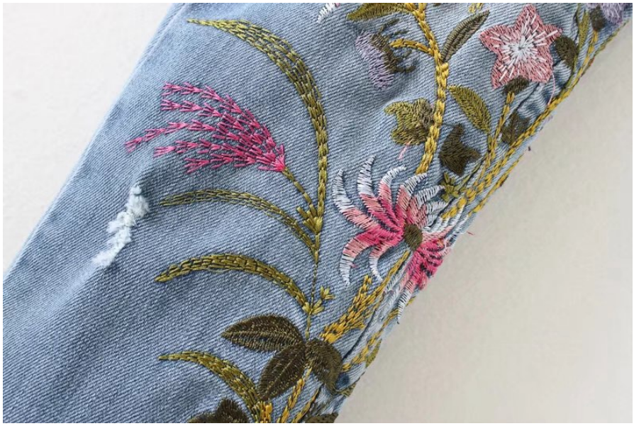Spring Floral Embroidery High-Waisted Distressed Jeans