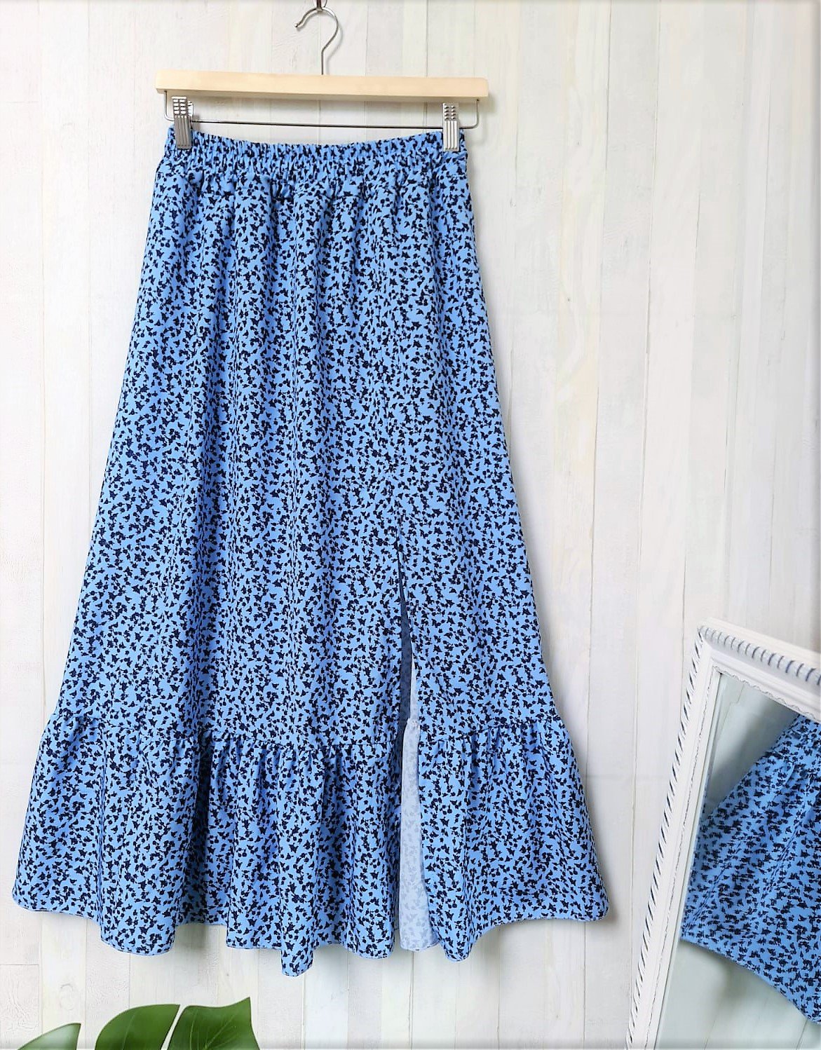 Floral Ruffle Hem Maxi Skirt in Blue - Elastic Waist Side Slit Sizes S-2XL | The Pretty Pistol