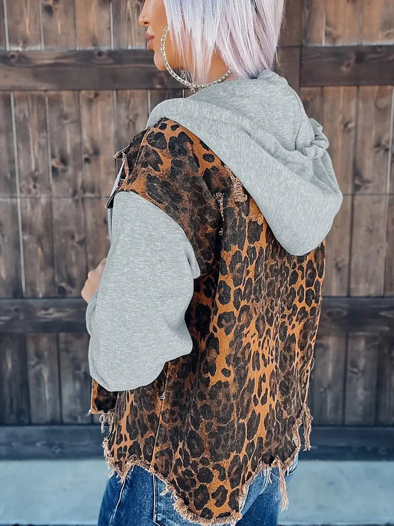 Leopard Ripped Hooded Denim Jacket for Women