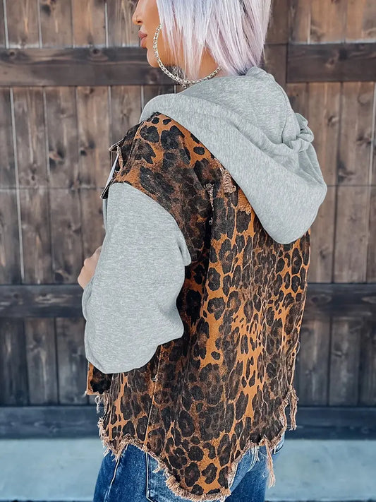 Leopard Ripped Hooded Denim Jacket for Women