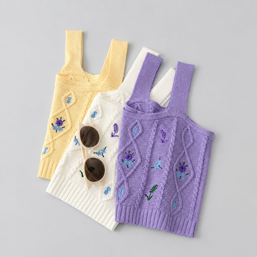Women’s Floral Cable-Knit Tank in Purple White Yellow – Embroidered Flowers, Square Neckline, Cropped Hem, One Size | The Pretty Pistol