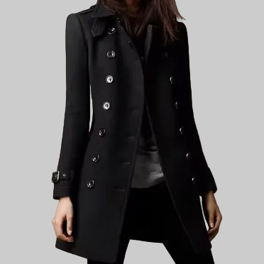 Women’s Command Attention Double-Breasted Trench Coat in Black – Tailored Military Style, Sizes S–3XL | The Pretty Pistol