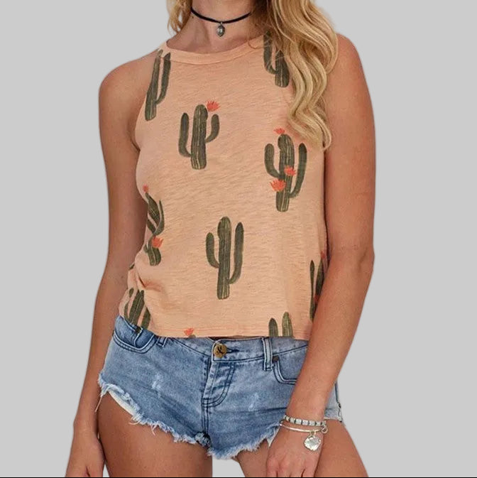 Women’s Cactus Print Tank Top in Orange – Green Cactus Graphics with Pink Flower Accents, Sleeveless High Neck, Sizes S–XL | The Pretty Pistol