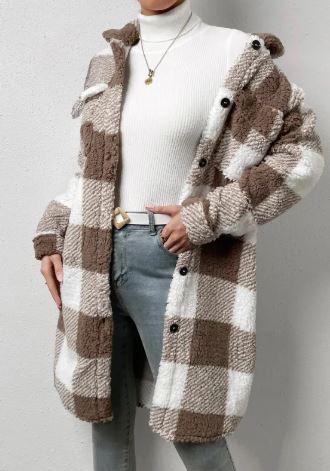 Women Long Plaid Fleece Jacket