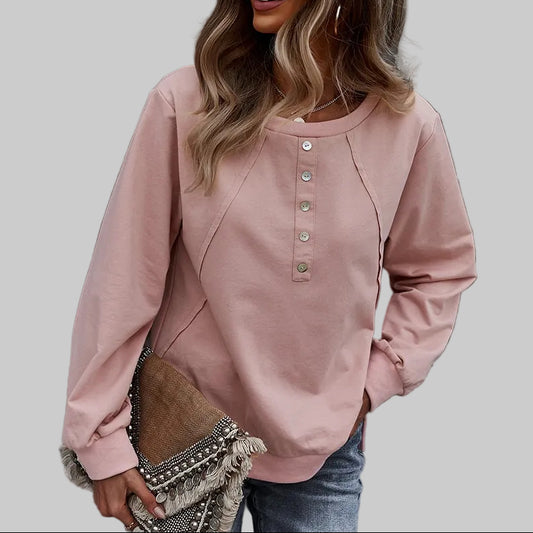 Women's Oversized Henley Button Sweatshirt in Pink – Relaxed Fit Ribbed Cuffs S-XL | The Pretty Pistol