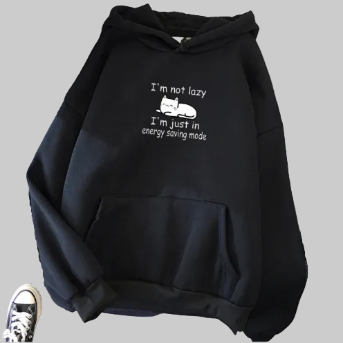 Women’s Energy Saving Mode Cat Graphic Hoodie in Black – Relaxed Pullover, Sizes M–4XL | The Pretty Pistol