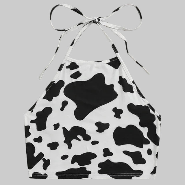 Women’s Western Cow Print Halter in Black and White – Tie-Neck Crop Top, Sizes S–XL | The Pretty Pistol