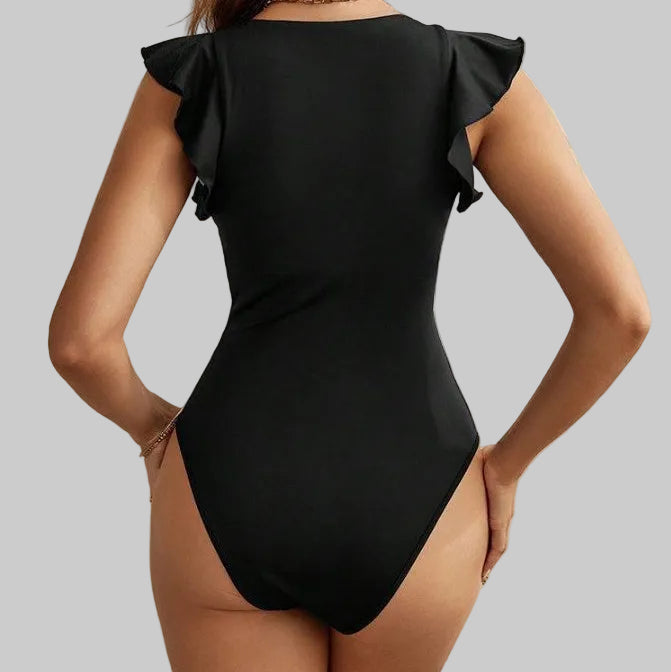  Women’s Black Ruffle-Sleeve Bodysuit in Black – Back View, Ruffled Sleeves, Sizes S–L | The Pretty Pistol