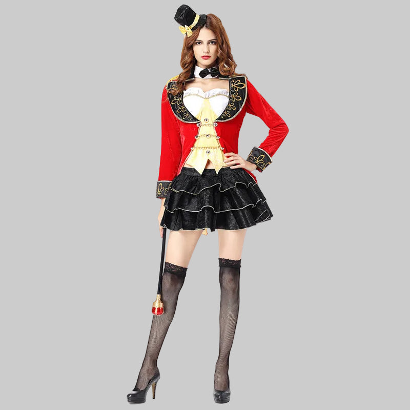 Women's ringmaster circus costume with red velvet tailcoat, gold vest, ruffled mini skirt and mini top hat | The Pretty Pistol