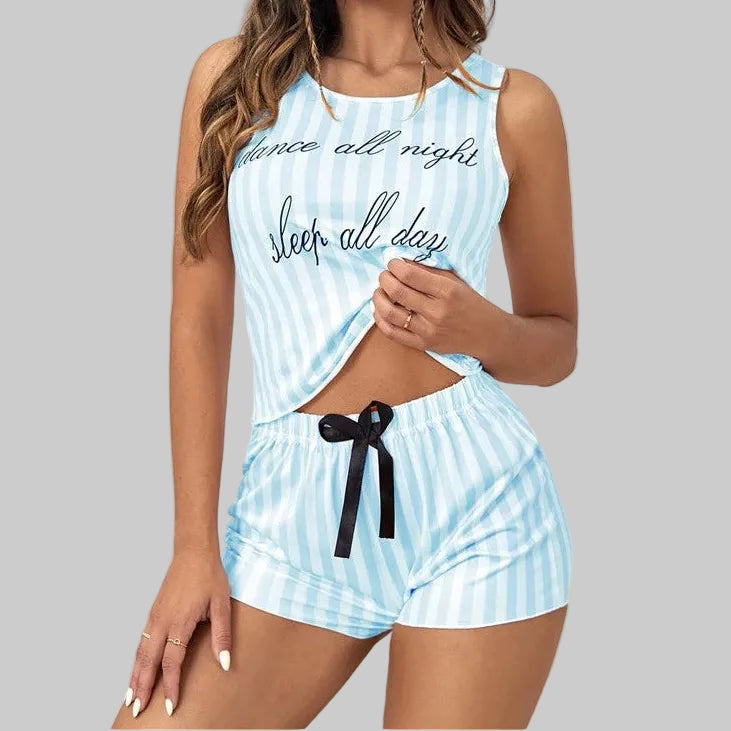  Women’s Dance All Night PJ Set in Light Blue – Striped Tank and Shorts, Black Waist Bow, Sizes S–3XL | The Pretty Pistol