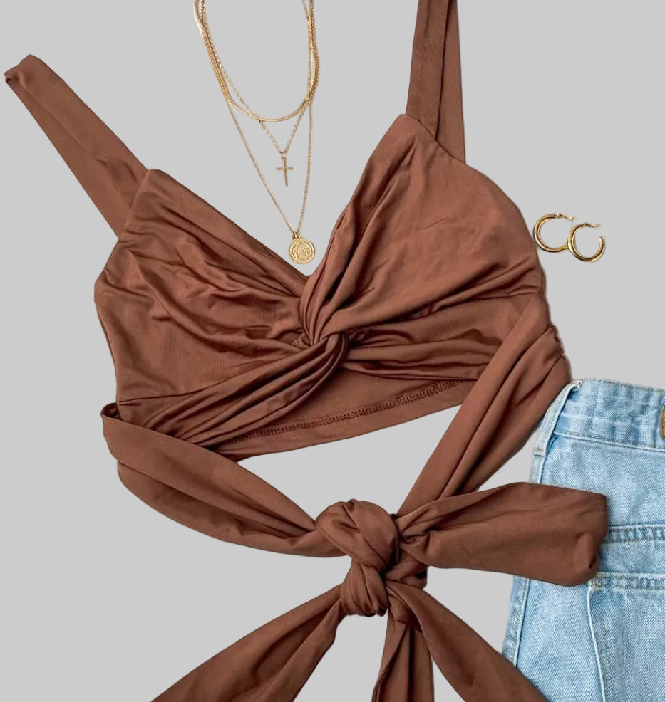  Women’s Twist-Front Cutout Tank in Mocha Brown – V Neck, Front Cutout, Tie-Back Detail, Sizes S–XL | The Pretty Pistol