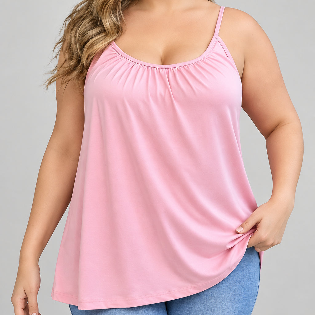 Women’s Curvy Built-In Bra Tank Top in Pink – Adjustable Straps, Gathered Scoop Neck, Flowy Fit, Sizes L–3XL | The Pretty Pistol