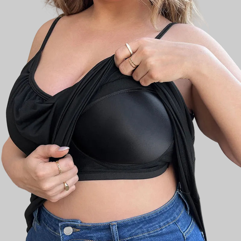 Women’s Curvy Built-In Bra Tank Top in Black – Adjustable Straps, Gathered Scoop Neck, Flowy Fit, Sizes L–3XL | The Pretty Pistol