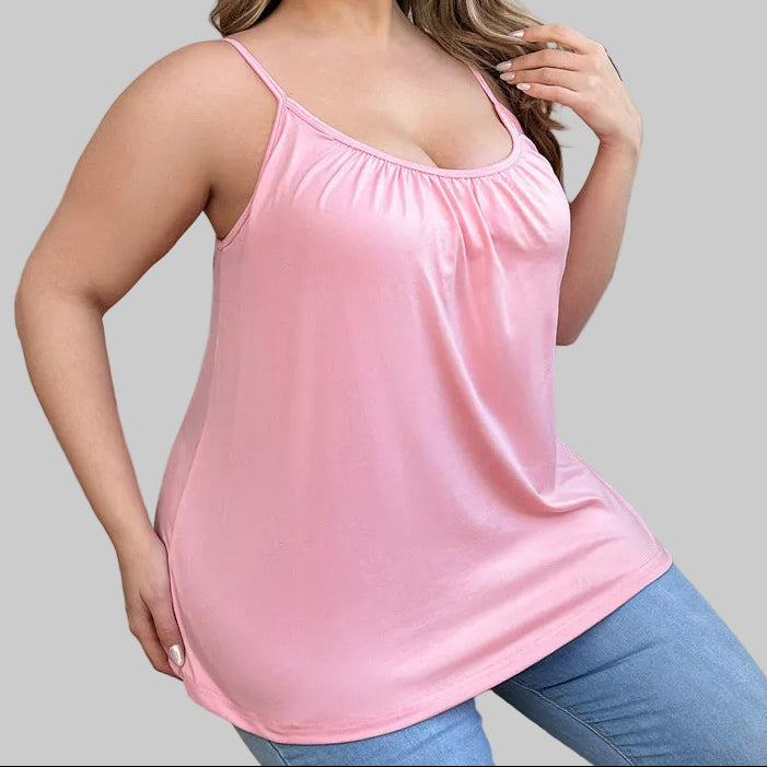 Women’s Curvy Built-In Bra Tank Top in Pink – Adjustable Straps, Gathered Scoop Neck, Flowy Fit, Sizes L–3XL | The Pretty Pistol
