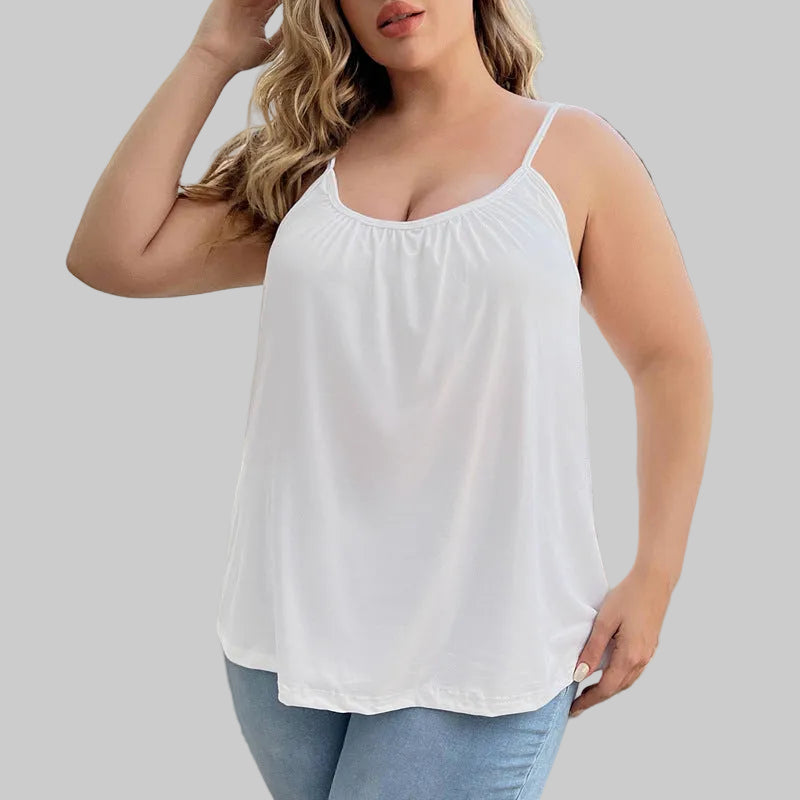 Women’s Curvy Built-In Bra Tank Top in White – Adjustable Straps, Gathered Scoop Neck, Flowy Fit, Sizes L–3XL | The Pretty Pistol