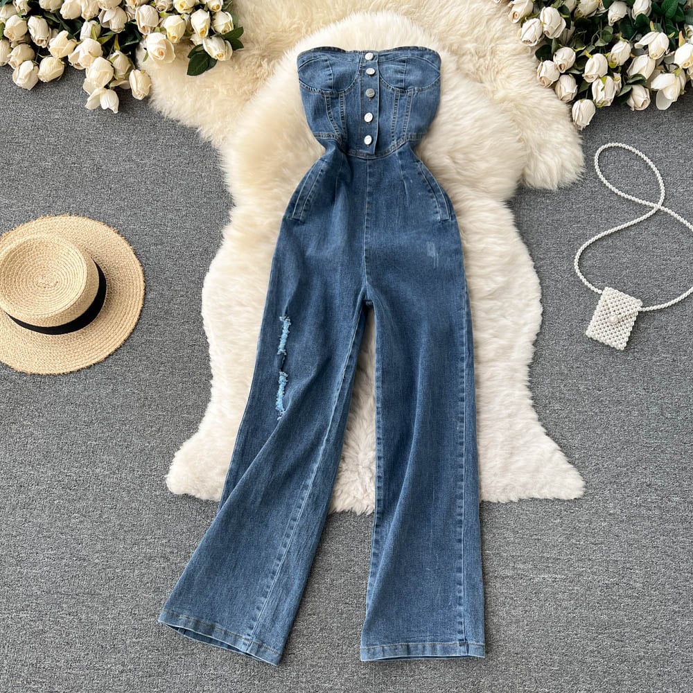 Chic High-Waist Denim Jumpsuit for Women