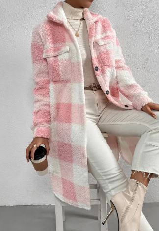 Women Long Plaid Fleece Jacket