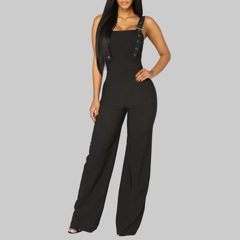 Straight-Leg Jumpsuit in Black – Silver Eyelets and Buckle Detail, Solid Color, Sizes S-L | The Pretty Pistol