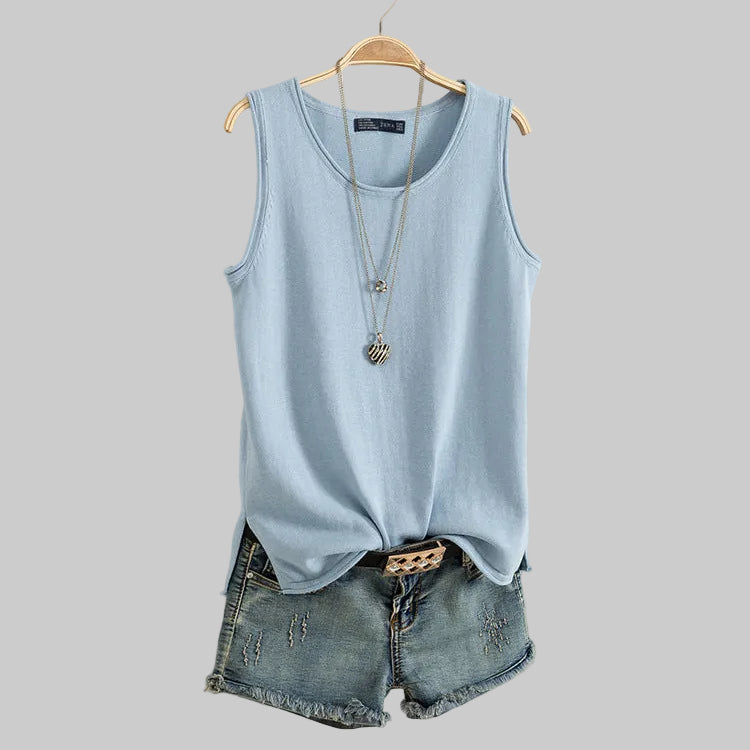 Women’s Everyday Scoop-Neck Tank in Light Blue – Sleeveless Relaxed Fit, Side Slits, Sizes M–2XL | The Pretty Pistol
