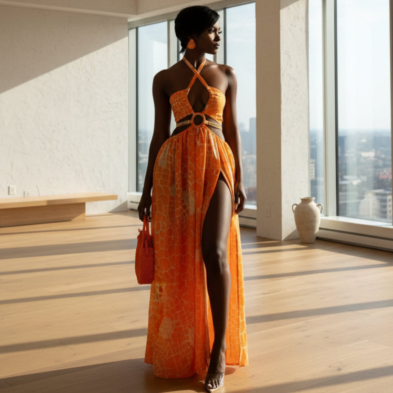 Printed Cutout Ring Halter Maxi Dress in Tangerine Mosaic - Deep Plunge Crossover Straps Ring Cutout High Front Slit Sizes S-XL | The Pretty Pistol