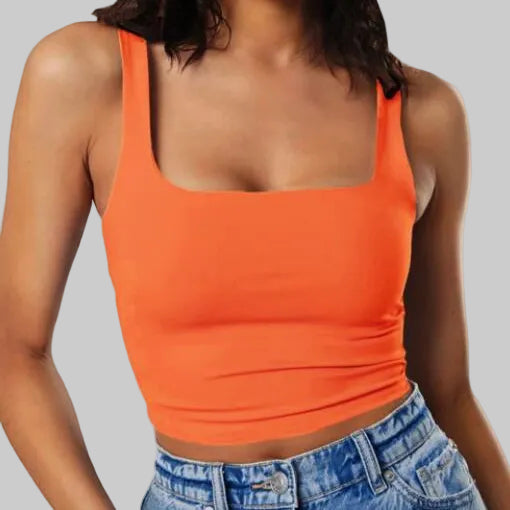 Women’s Square-Neck Crop Tank in Orange – Broad Straps, Sleeveless Fitted Silhouette, Cropped Hem, Sizes S–XL | The Pretty Pistol
