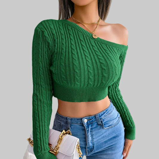Green off-shoulder cable knit crop sweater with long sleeves, styled with blue jeans and white chain bag | The Pretty Pistol