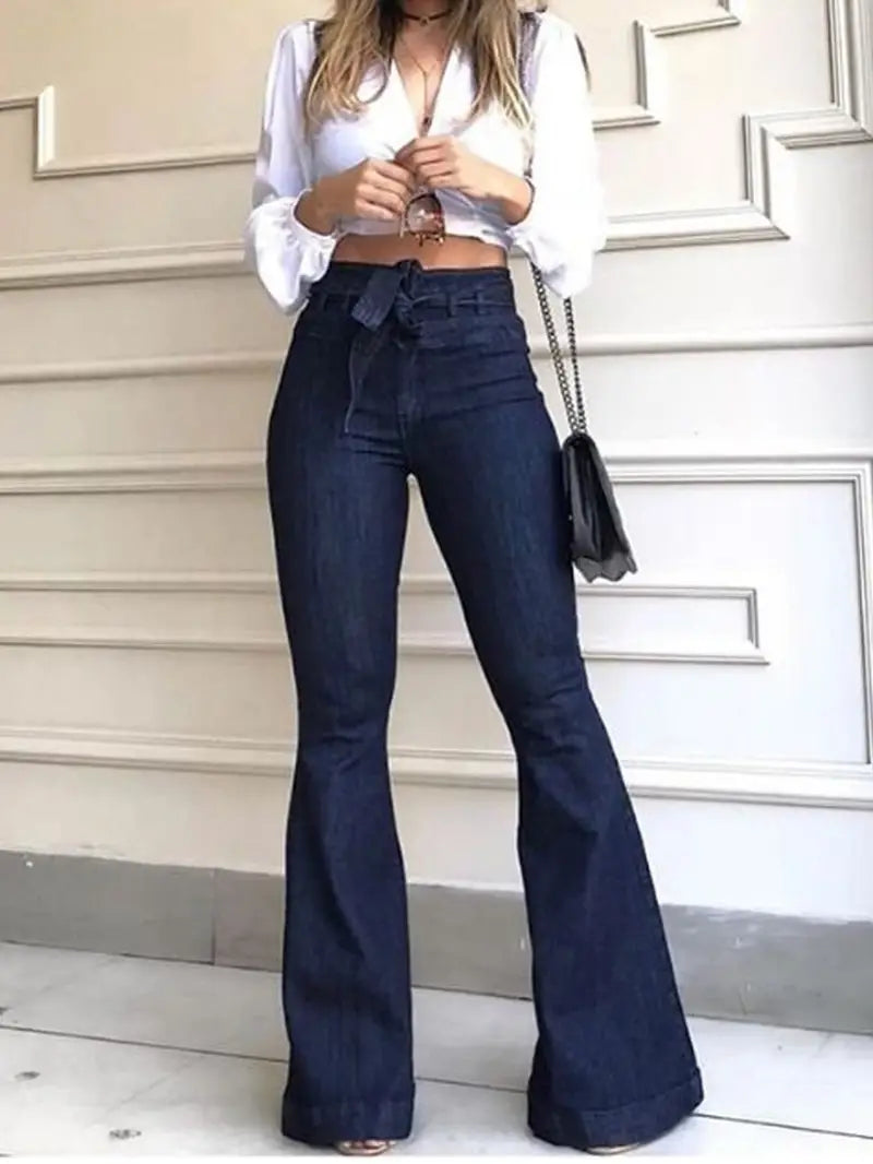 Women's High-Rise Denim Flare Jeans with Elastic Waist