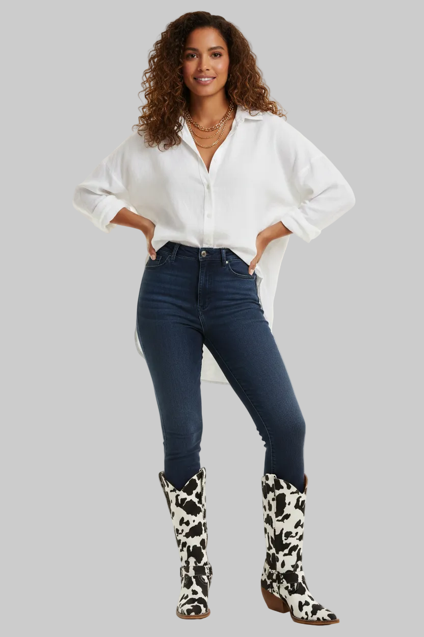 Black and white cow print faux leather western boots with notched mid-calf shaft, harness strap with silver hardware, pointed toe, and stacked block heel | The Pretty Pistol