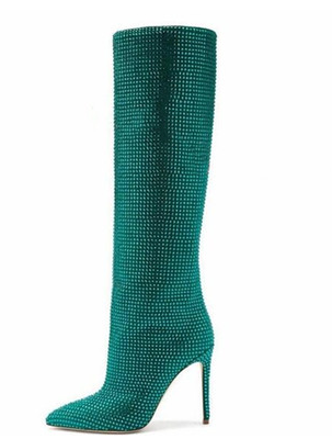 Rhinestone Pointed Toe Stiletto Tall Boots for Women