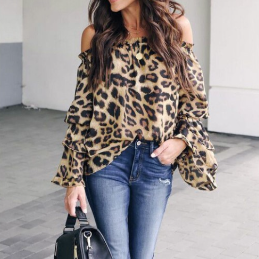 Leopard Print Off-Shoulder Chiffon Blouse