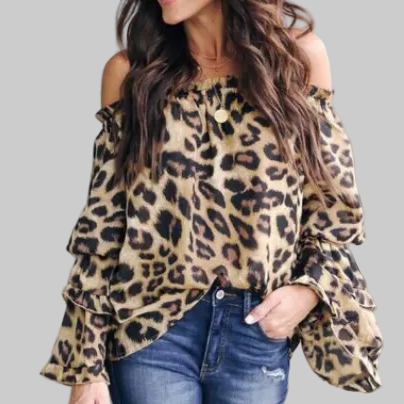 Tan and black leopard print cold-shoulder blouse with long tiered ruffle bishop sleeves and gathered cuffs, styled with medium wash straight-leg jeans | The Pretty Pistol