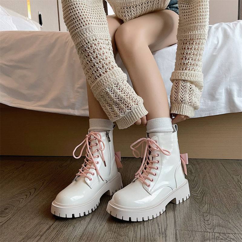 Pink Bow Patent Leather Martin Boots for Women