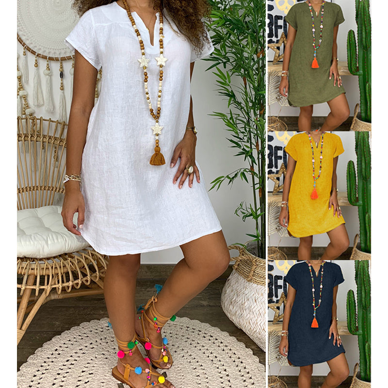 Casual V-Neck Cotton Linen Dress in Several Colors up to 5XL