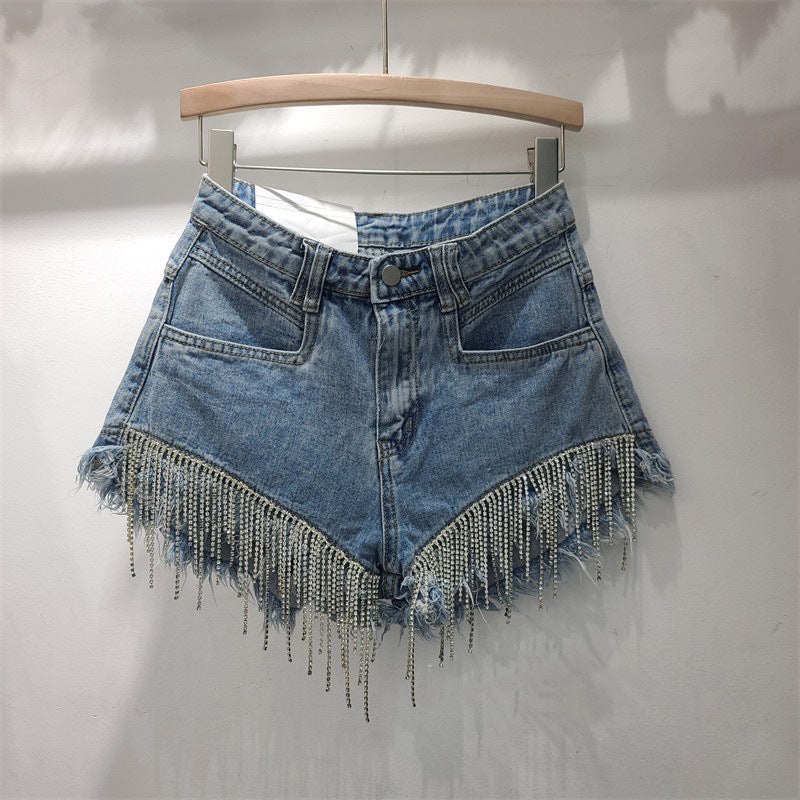 Chic Sparkle Tassel Denim Shorts